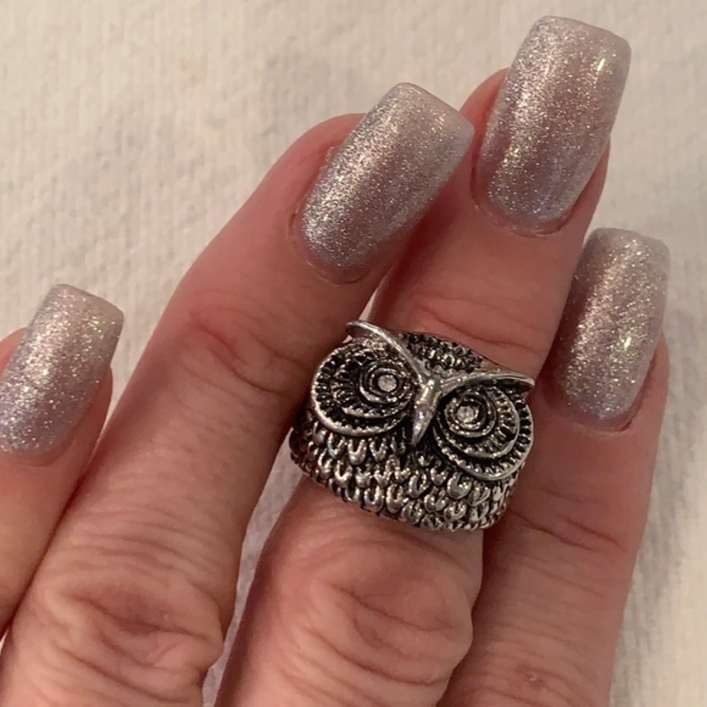 Owl crystal eyes silver tone statement ring